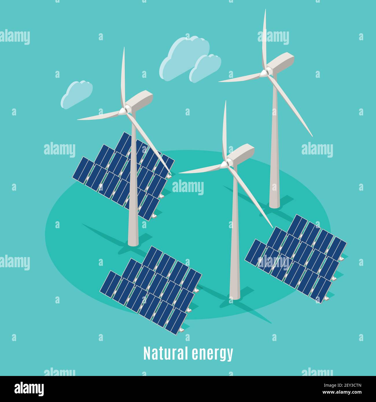 Smart urban ecology isometric background with text and images of windmills turbine towers and solar batteries vector illustration Stock Vector