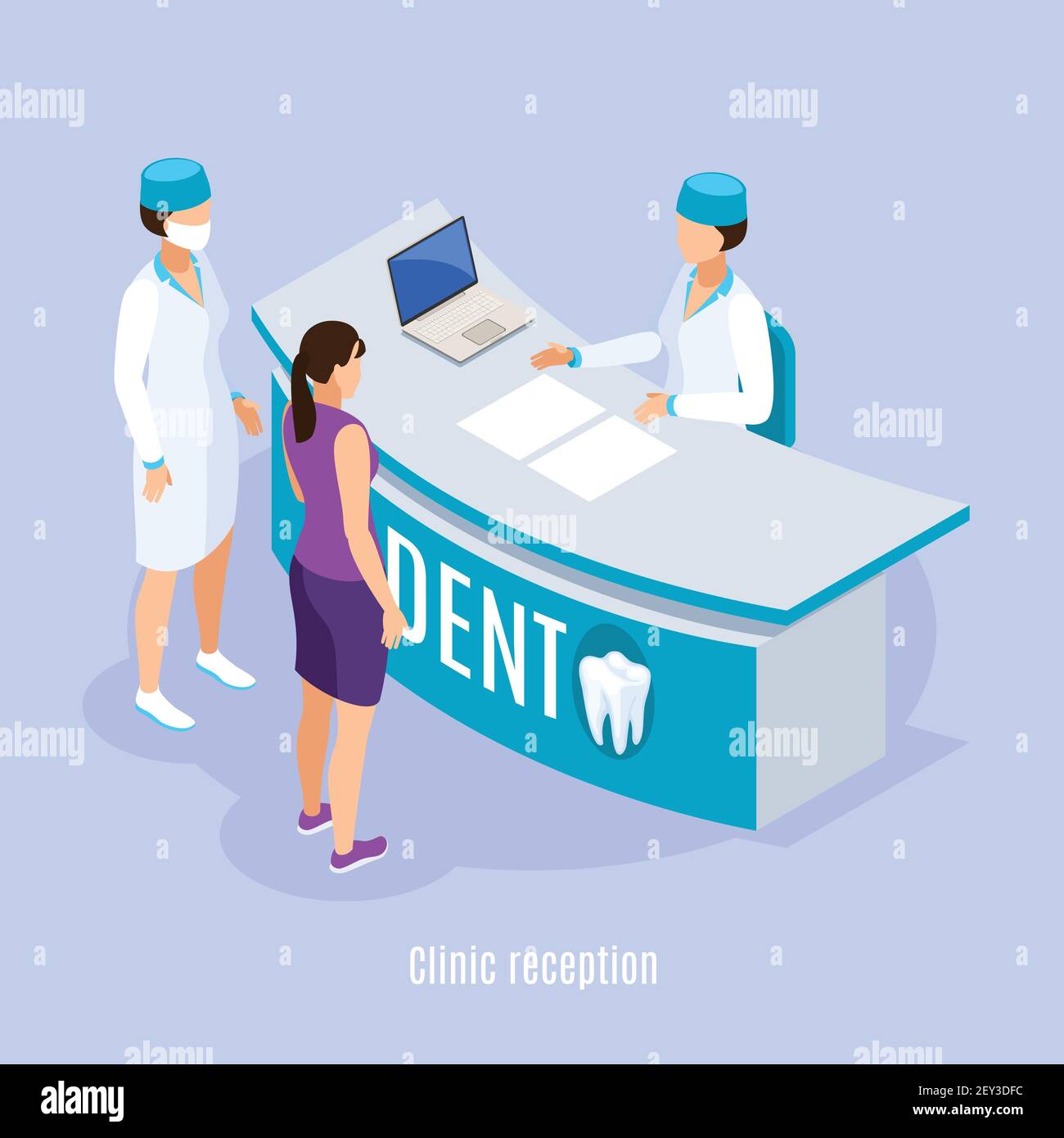 Dental clinic reception area isometric composition with patient and assistant making appointment light blue background vector illustration Stock Vector