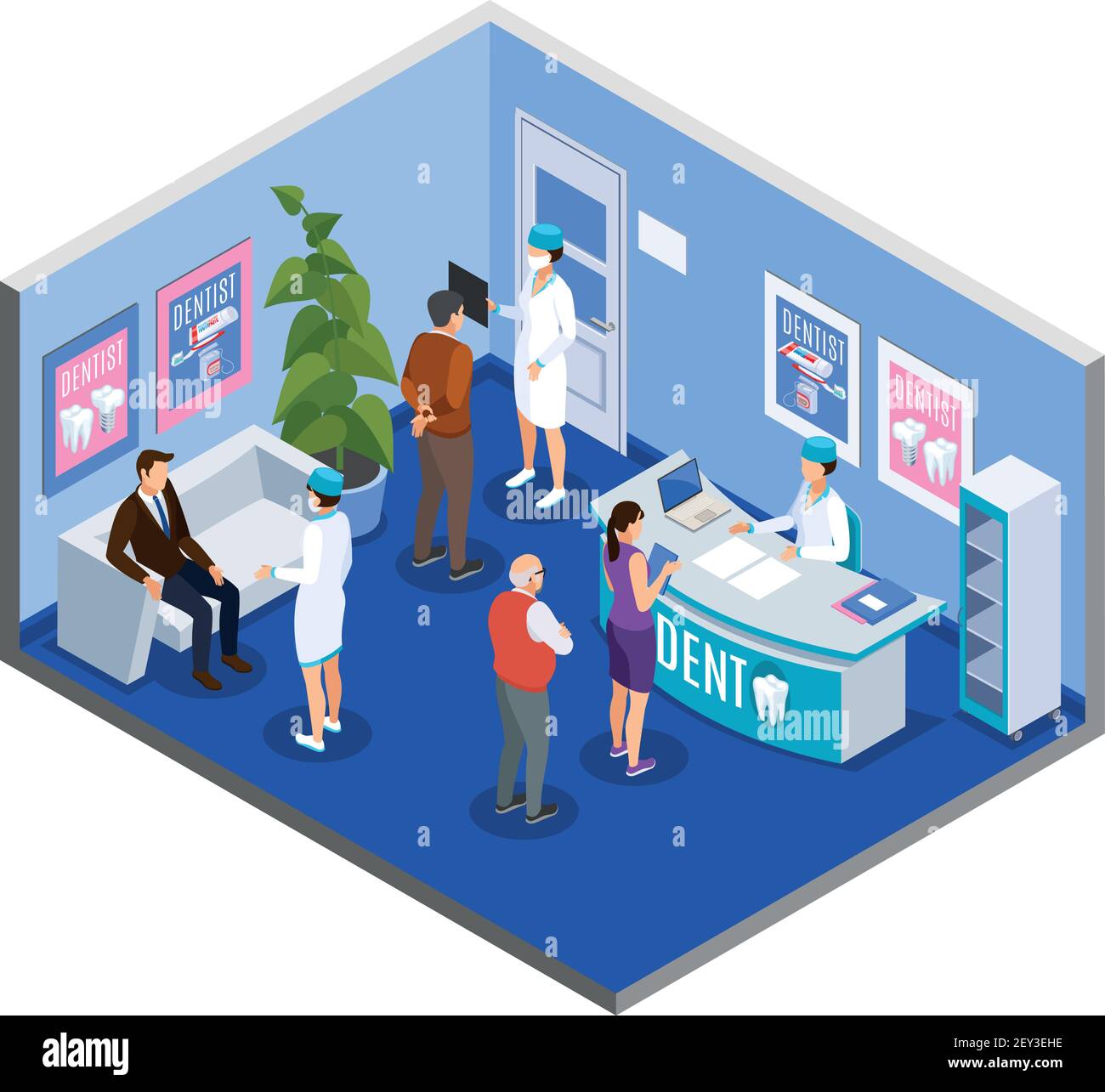 Dental clinic practice reception area waiting room isometric composition with patients at desk making appointment vector illustration Stock Vector