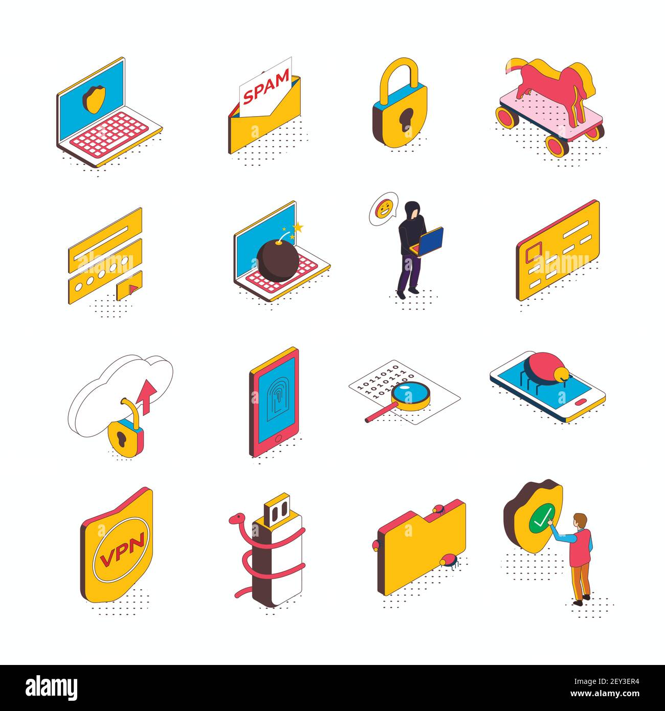 Isometric cyber security collection of sixteen isolated icons with conceptual computer pictograms smart devices and people vector illustration Stock Vector
