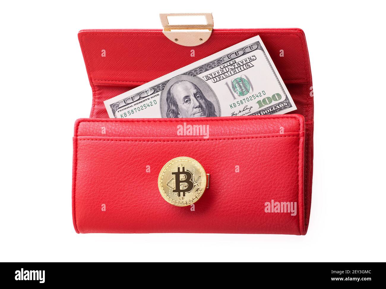 Red wallet with usd bills and bitcoin isolated on white Stock Photo