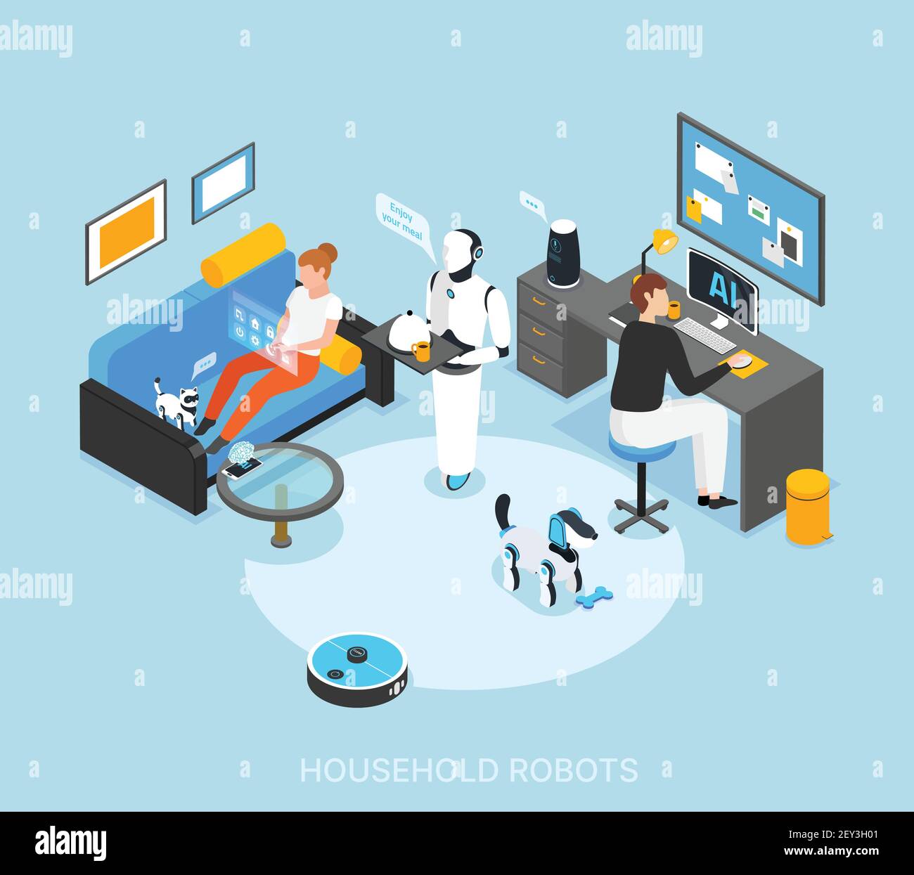 Robot integrated smart home with programmed humanoid cooking serving meals cleaning learning tasks isometric composition vector illustration Stock Vector