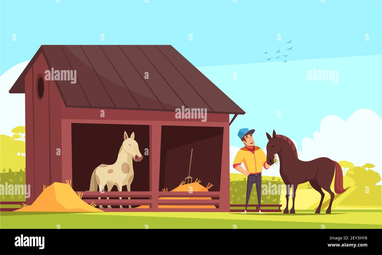 Equestrian sport composition with outdoor images of horse stable and ...