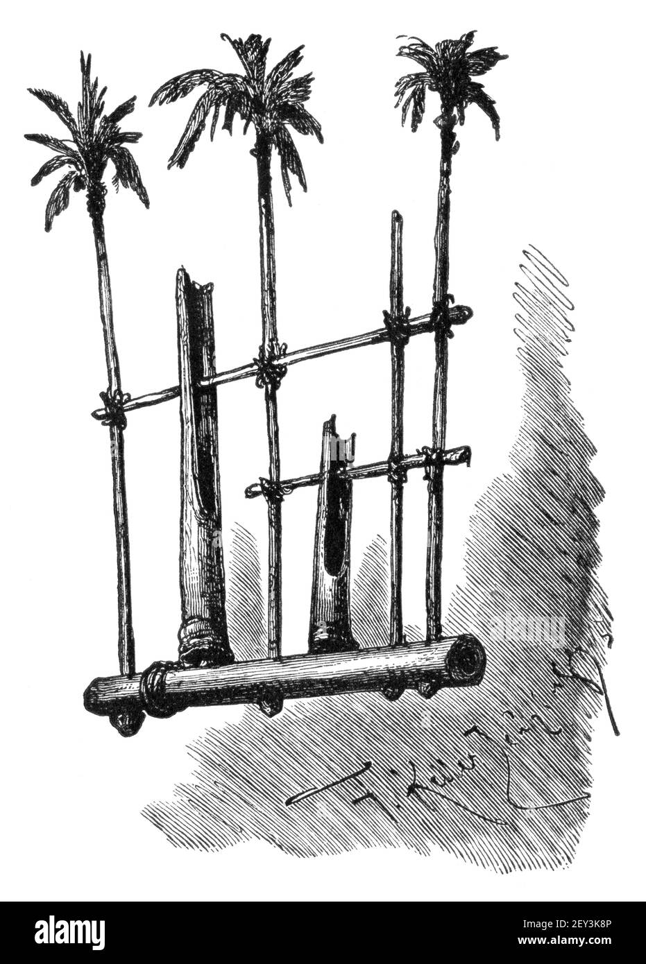 Anklung, Musical Instrument, West Java, Indonesia. Culture and history of Asia. Vintage antique black and white illustration. 19th century. Stock Photo