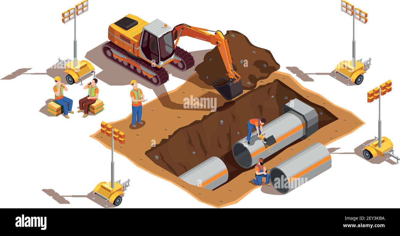 Builders with construction vehicle and lighting equipment during laying