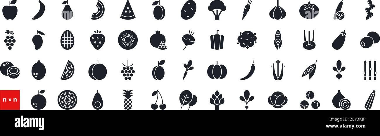 Set of vector icons. Vegetables, fruits and berries. Black isolated ...