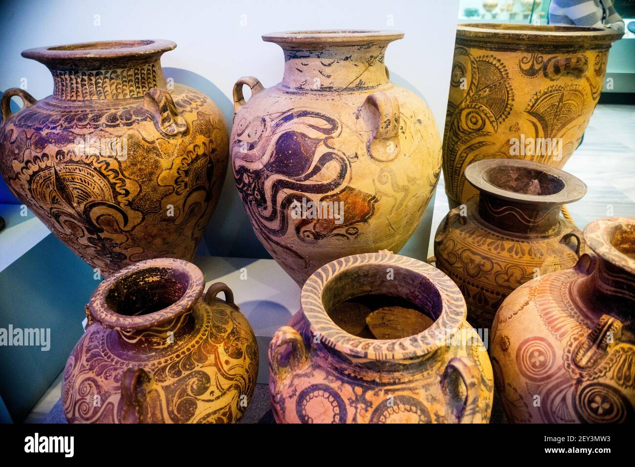 Practical and beautiful ceramic vessels to store oils and food at The Heraklion Archaeological Museum on Crete, Greece. Stock Photo