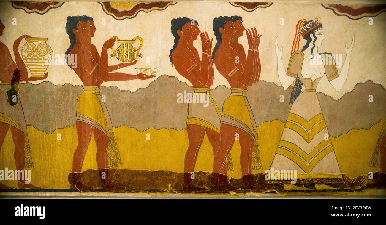 Procession fresco at The Heraklion Archaeological Museum in the Rooms of Minoan Frescos, Crete, Greece. Stock Photo