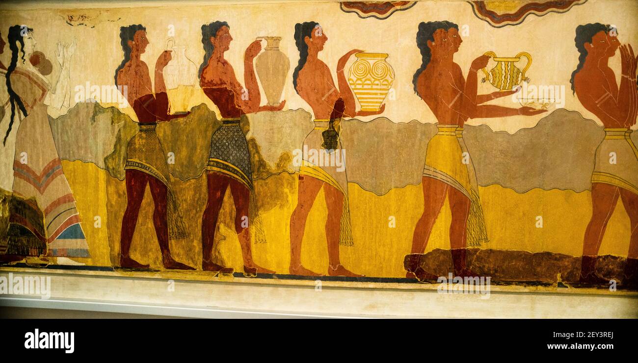 Procession Fresco in the Rooms of Minoan Frescos at The Heraklion Archaeological Museum, Crete, Greece. Stock Photo
