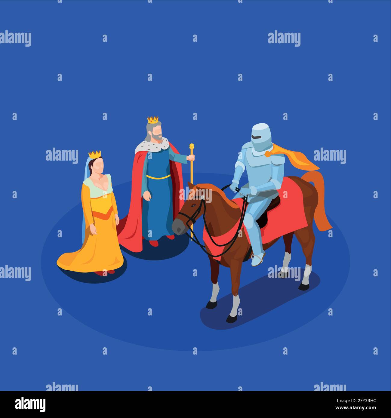 Medieval chivalry isometric composition king and queen knight in armor on horse on blue background vector illustration Stock Vector