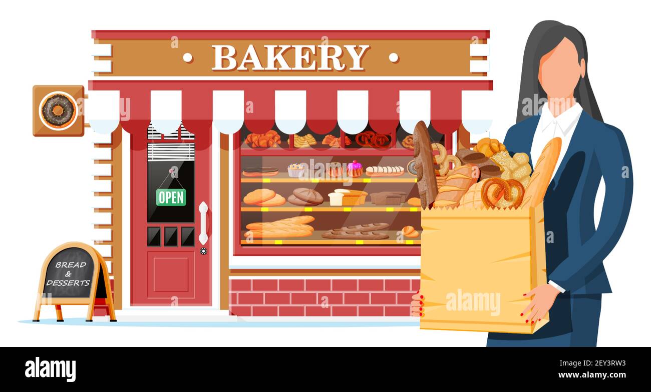 Bakery shop building facade with woman customer. Baking store, cafe