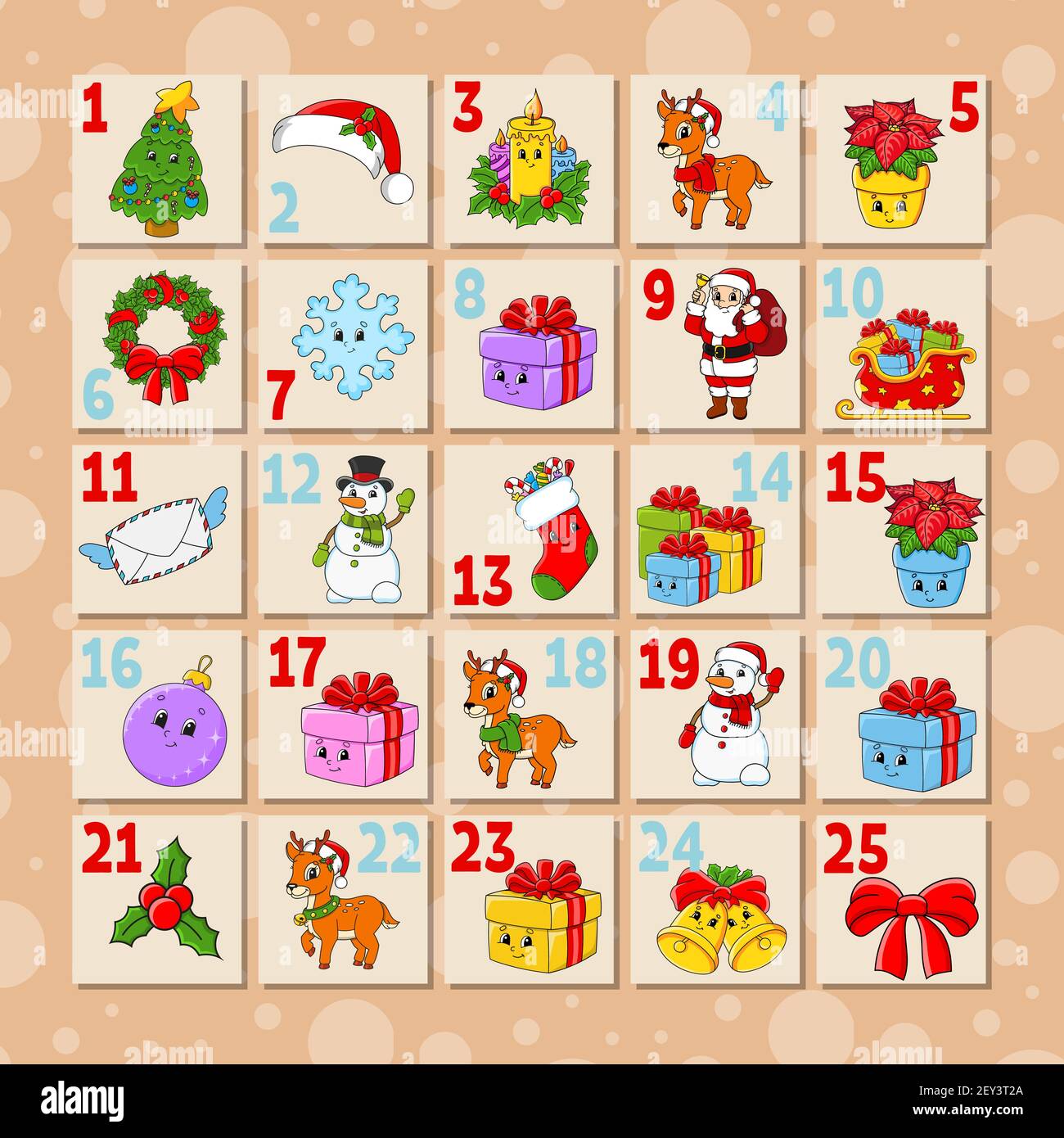 Christmas advent calendar with cute characters. Santa claus, deer, snowman,  fir tree, snowflake, gift, bauble, sock. Cartoon style. With numbers 1 to  Stock Vector Image & Art - Alamy