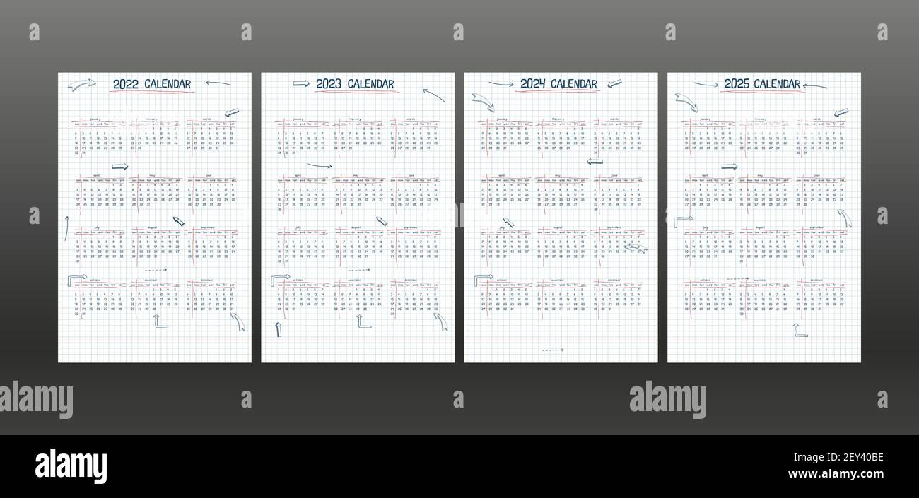 2022 2023 2024 2025 calendar weekly planner and to do list. hand drawn