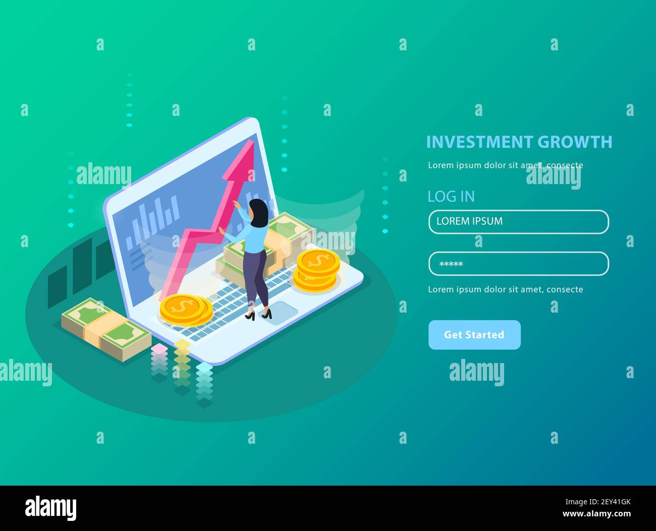 Stock exchange isometric and colored background with investment growth  headline and registration form vector illustration Stock Vector Image & Art  - Alamy