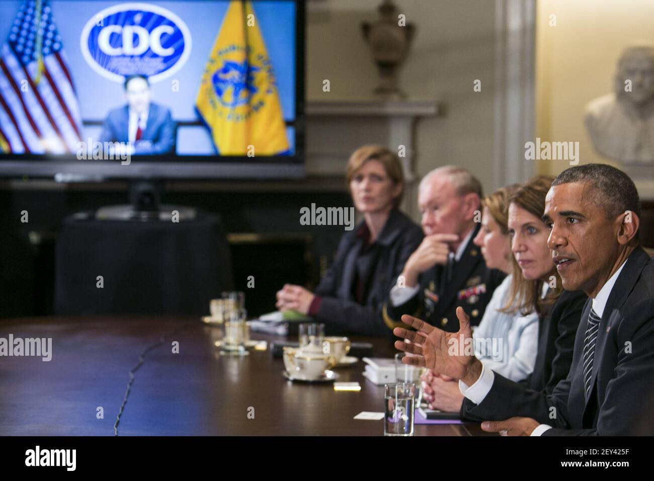 President Barack Obama delivers remarks during a cabinet level meeting on the United States government response to the Ebola epidemic in the Cabinet Room of the White House Washington, D.C., on October 15, 2014. Photo Credit: Kristoffer Tripplaar/ Sipa USA Stock Photo
