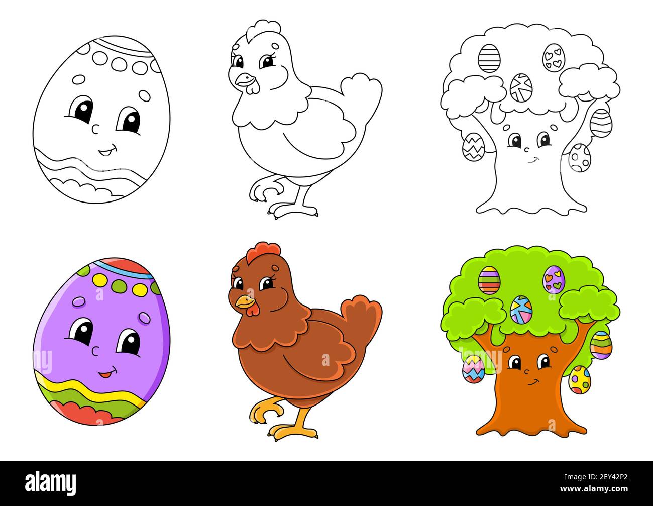 Easter theme. Set coloring page for kids. Cute cartoon characters. Black  stroke. With sample. Vector illustration Stock Vector Image & Art - Alamy