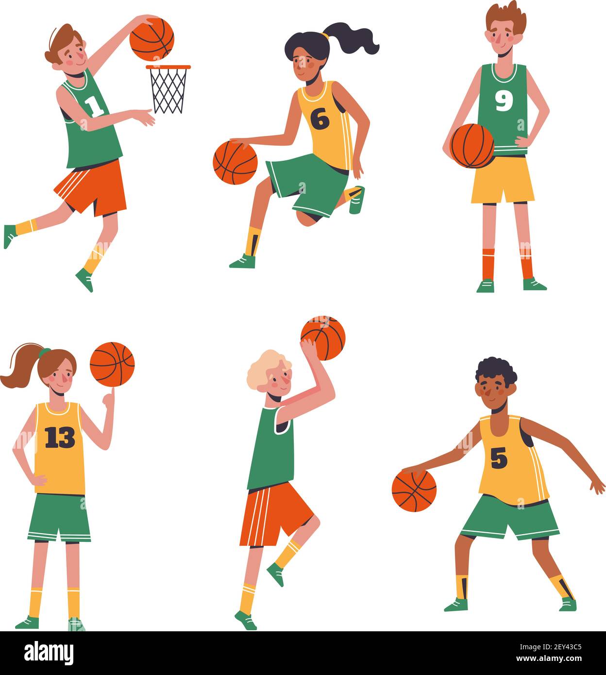 Childrens sports basketball. Flat design concept with funny kids playing ball. Vector illustration of boys and girls, set isolated on white background Stock Vector
