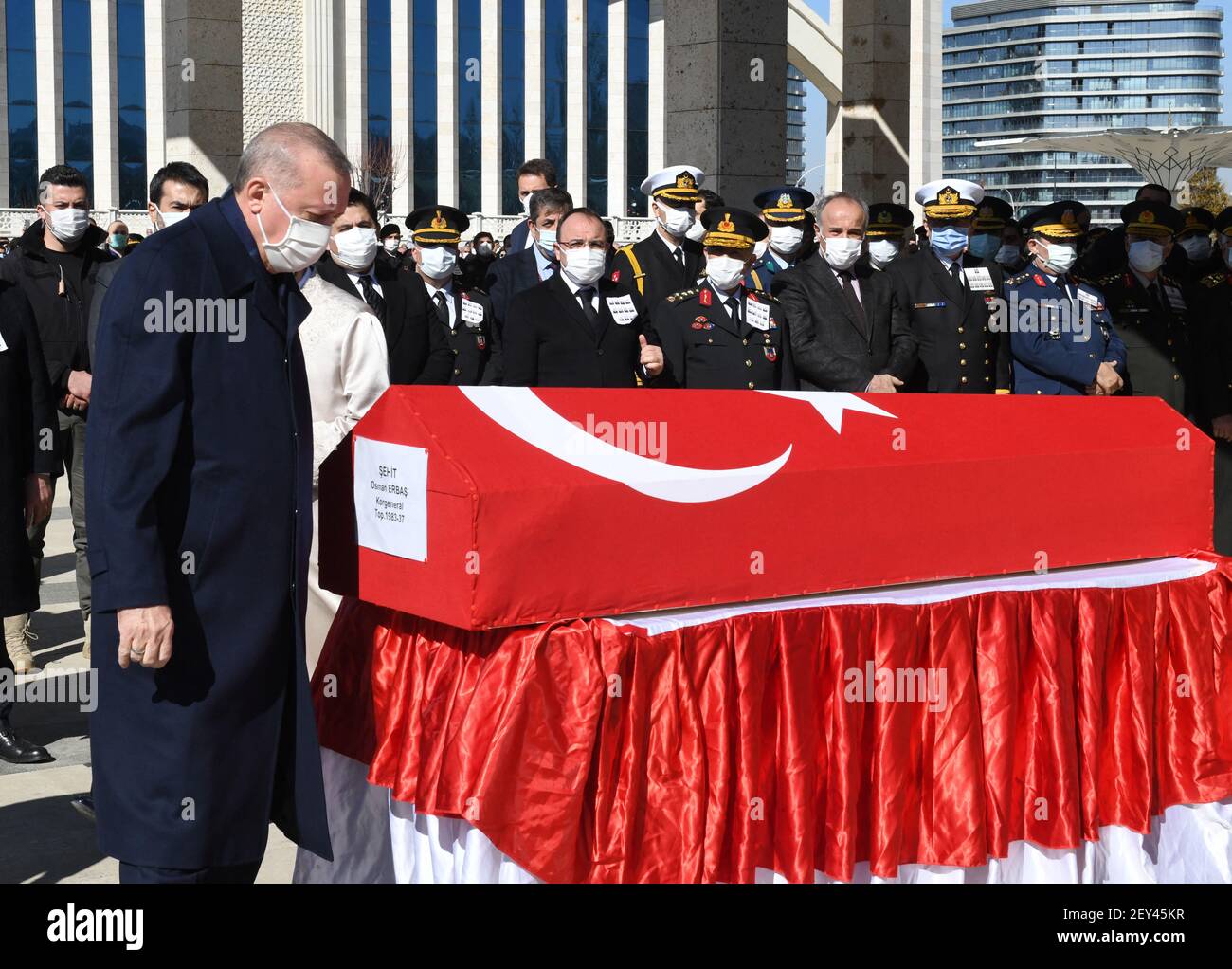 Ankara, Turkey. 05th Mar, 2021. Turkey's President Recep Tayyip Erdogan attends funeral prayers and a ceremony for 11 military personnel, including a high-ranking officer, at Ahmet Hamdi Akseki Mosque, in Ankara, Turkey, Friday, March 5, 2021. Turkish army officers were killed on Thursday when an army helicopter crashed in a snow-covered mountainous area in Bitlis, eastern Turkey. Photo by Depo Photos/ABACAPRESS.COM Credit: Abaca Press/Alamy Live News Stock Photo