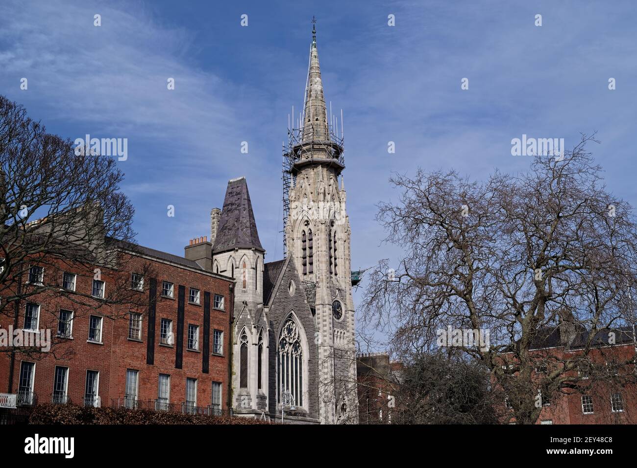 DUBLIN, IRELAND - Mar 05, 2020: The Abbey Presbyterian Church in Dublin on sunny winter day.. The building during renovation with scaffolding around t Stock Photo
