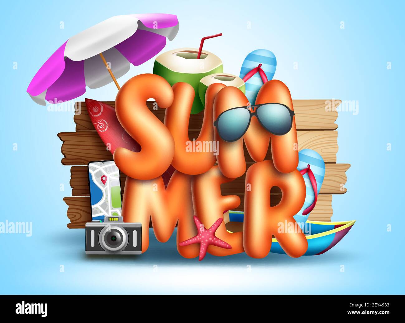 Summer vector concept design. Summer 3d text in wood texture background ...
