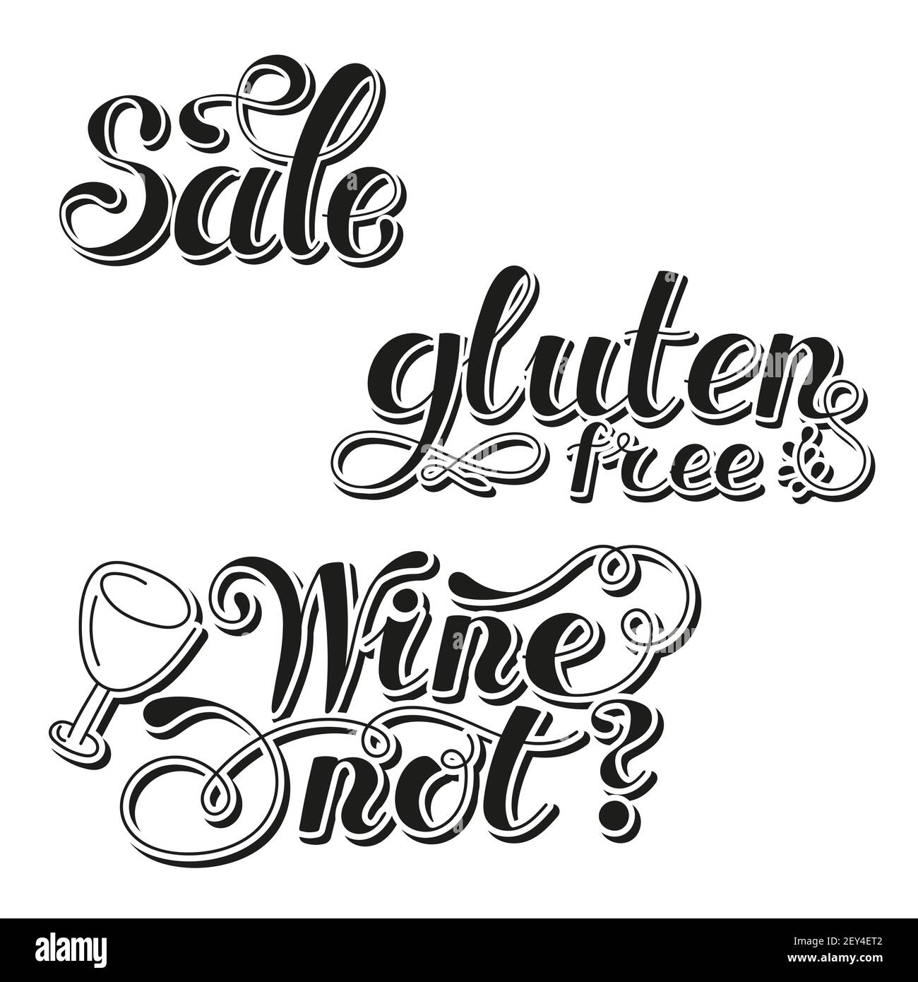 Set Lettering words. Gluten free, sale, wine not. Hand drawn. Vector