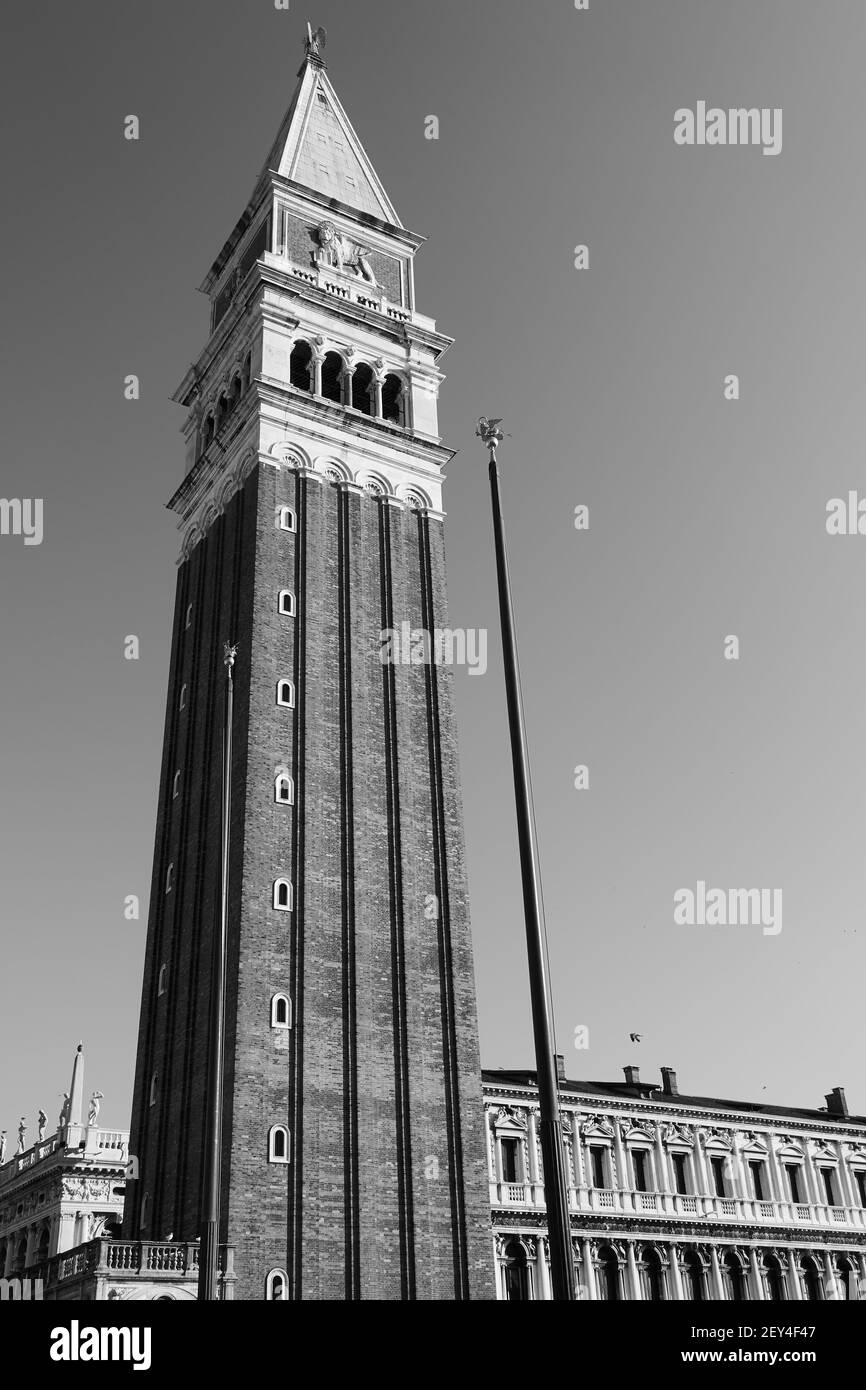 The Campanile in The Saint Mark's square in Venice, Italy. Black and white photography, venetian landmark Stock Photo