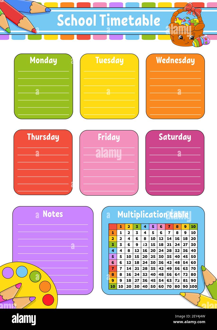 School timetable with multiplication table. For the education of children. Isolated on a white background. With a cute cartoon character. Stock Vector