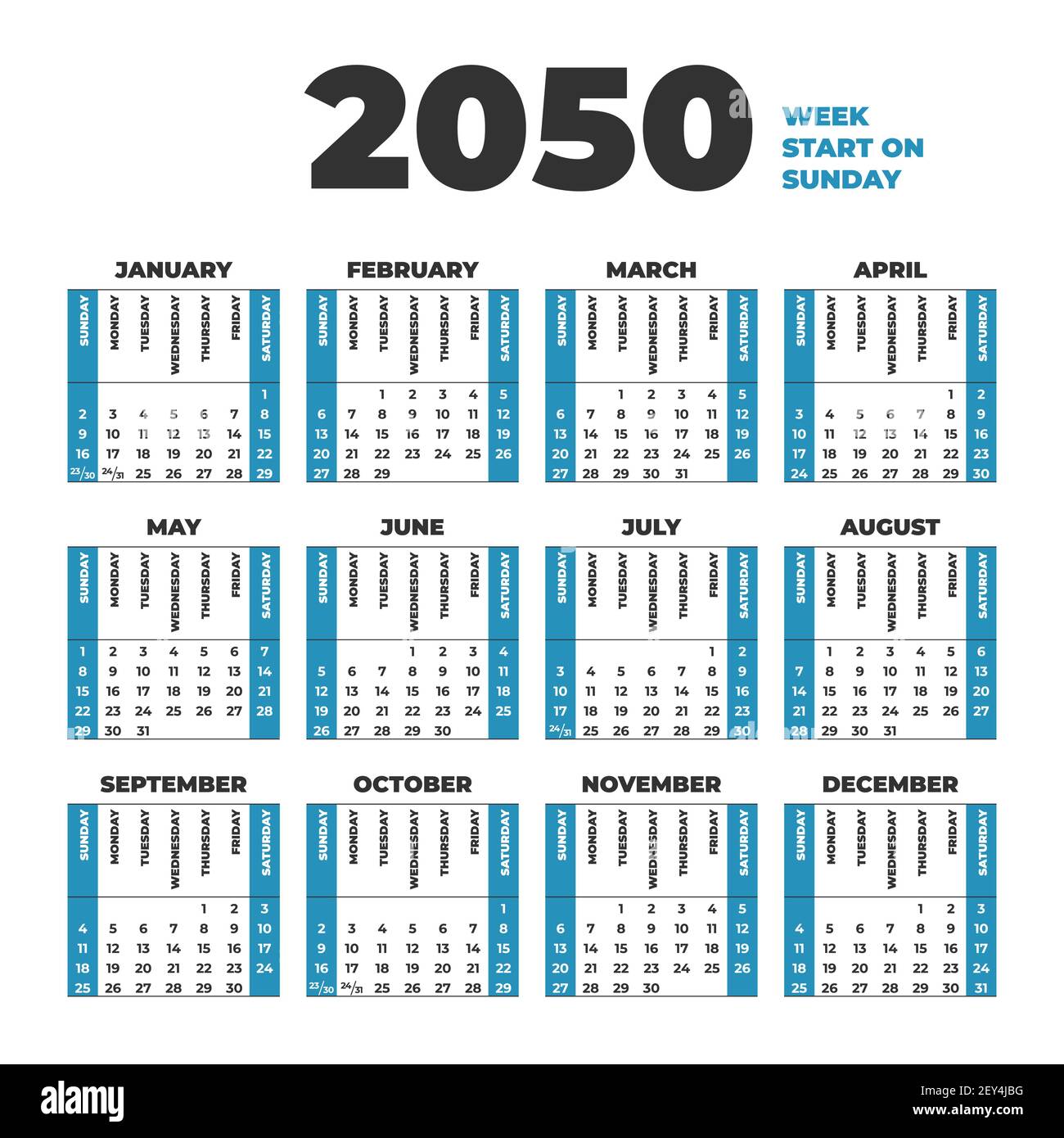 2050 Calendar template with weeks start on Sunday Stock Vector Image & Art  - Alamy