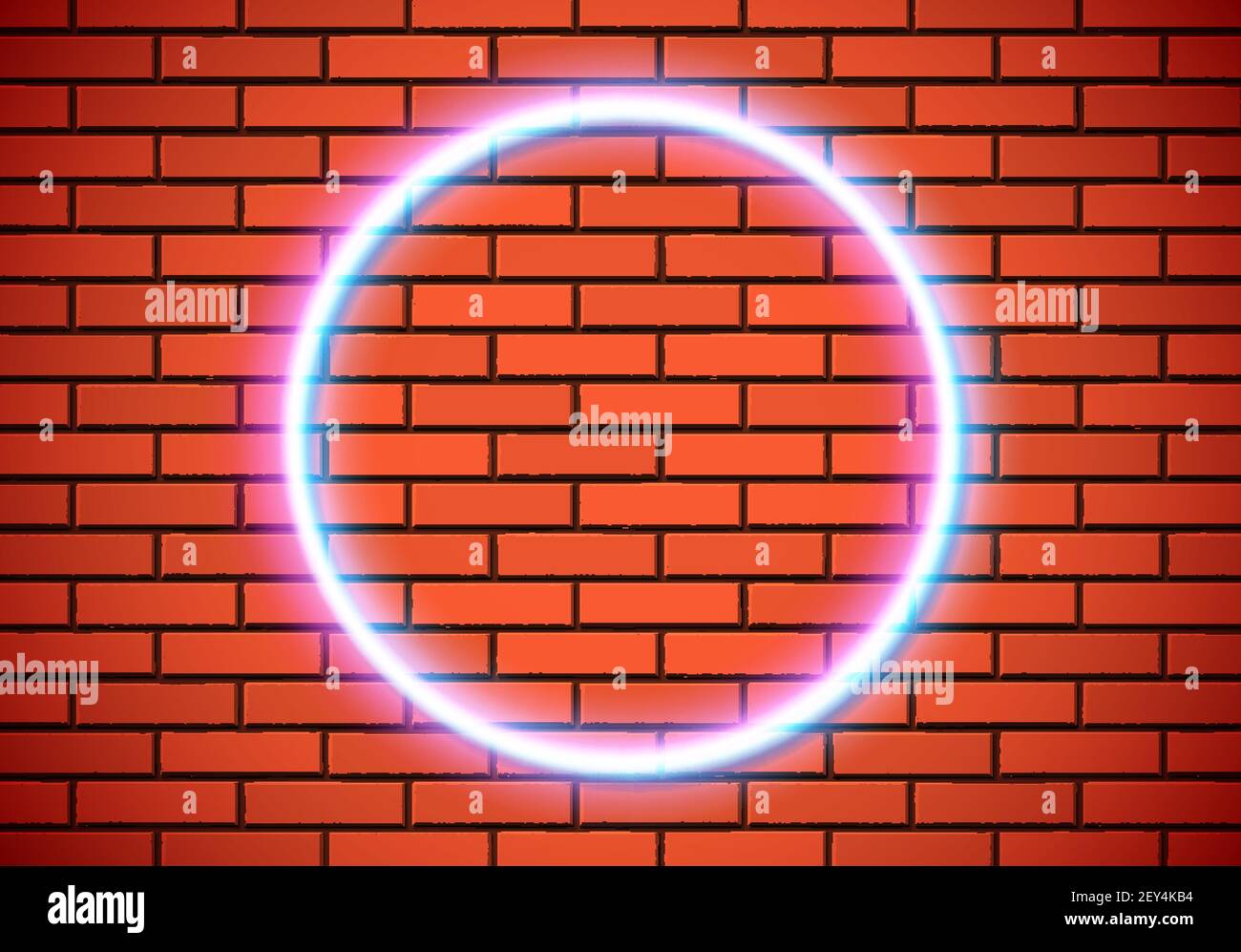 Neon frame with circle shape on the red brick wall. Classic round 80s ...