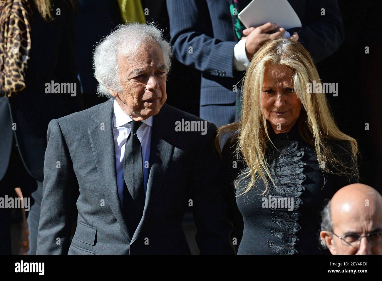 American fashion designer Ralph Lauren and wife Ricky Anne Loew-Beer attend  the memorial service for fashion designer Oscar de la Renta at The Church  of St. Ignatius Loyola on Park Avenue in