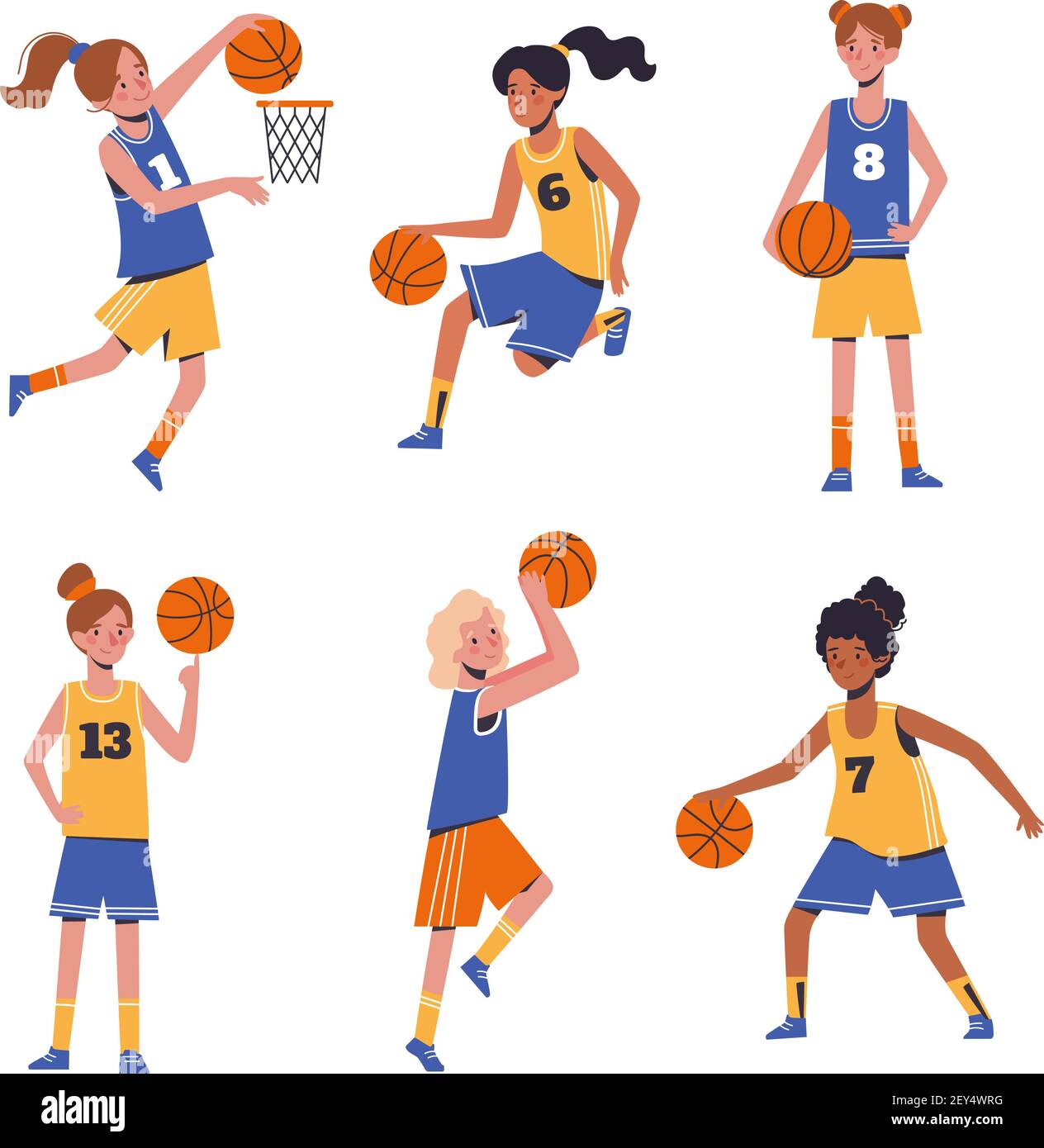 Childrens sports basketball. Flat design concept with funny kids playing ball. Vector illustration of girls, set isolated on white background Stock Vector