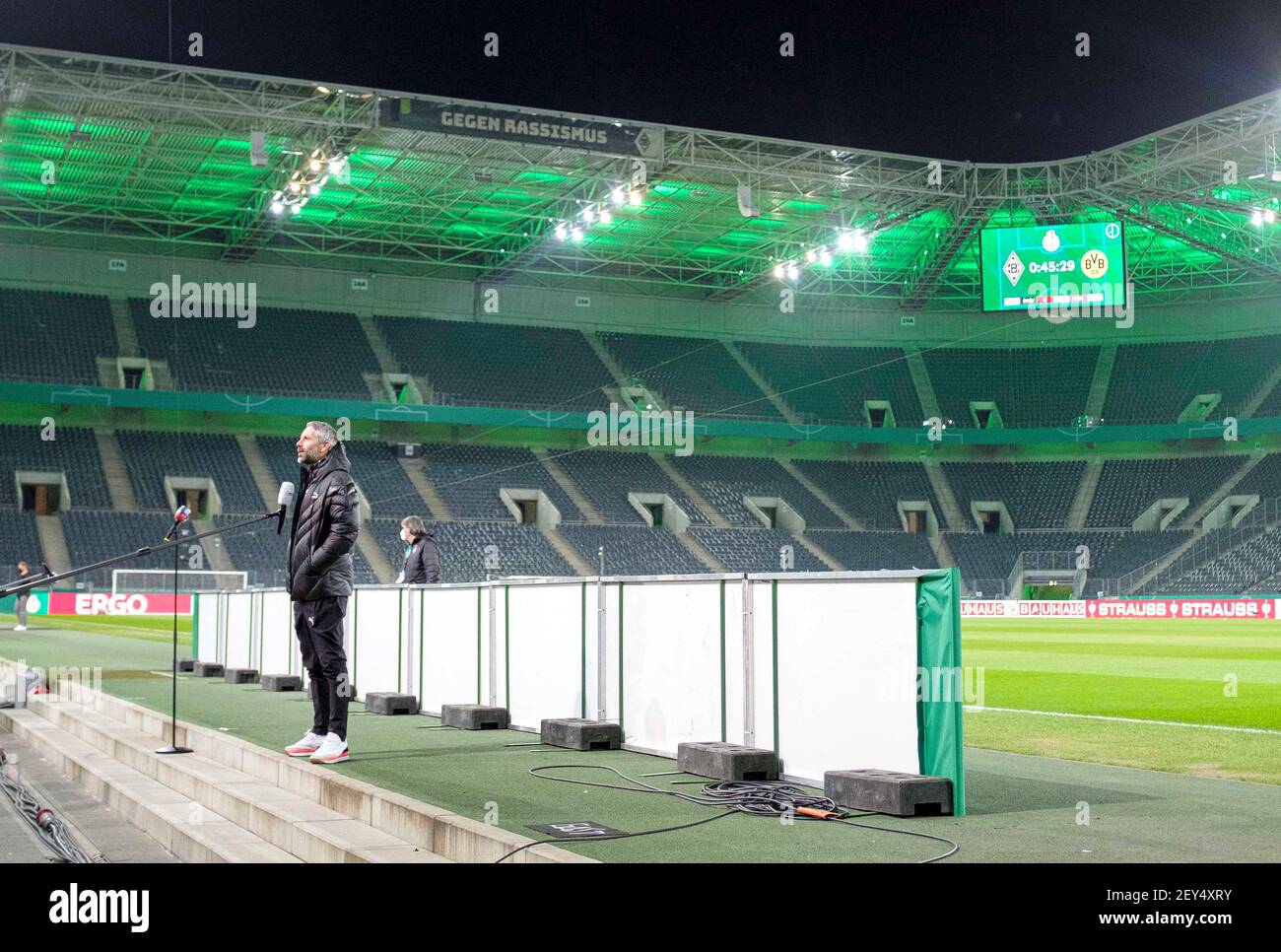 Feature, coach Marco ROSE (MG) during an interview in the empty stadium, football DFB Pokal quarter finals, Borussia Monchengladbach (MG) - Borussia Dortmund (DO) 0: 1, on 02.03.2021 in Borussia Monchengladbach/Germany. Â | usage worldwide Stock Photo