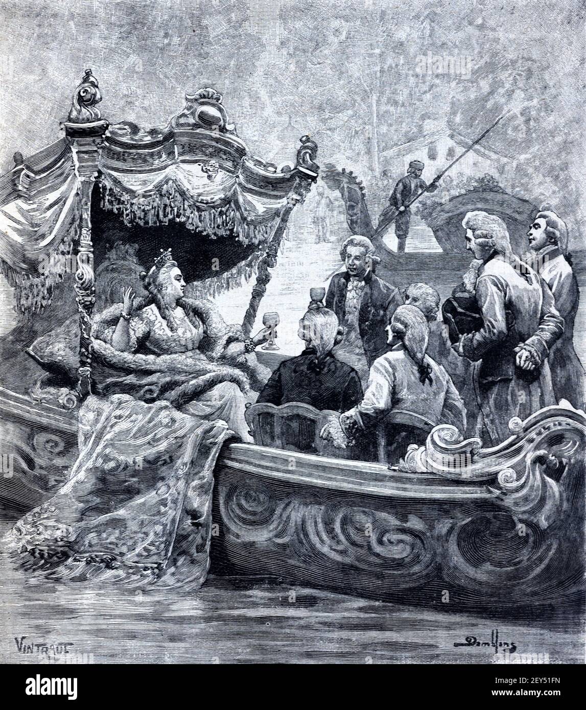 Catherine II, or Catherine the Great (1729-1796), Empress of All Russia, in the Royal Barge on the Volga River Moscow Russia 1896 Vintage Illustration or Old Engraving Stock Photo