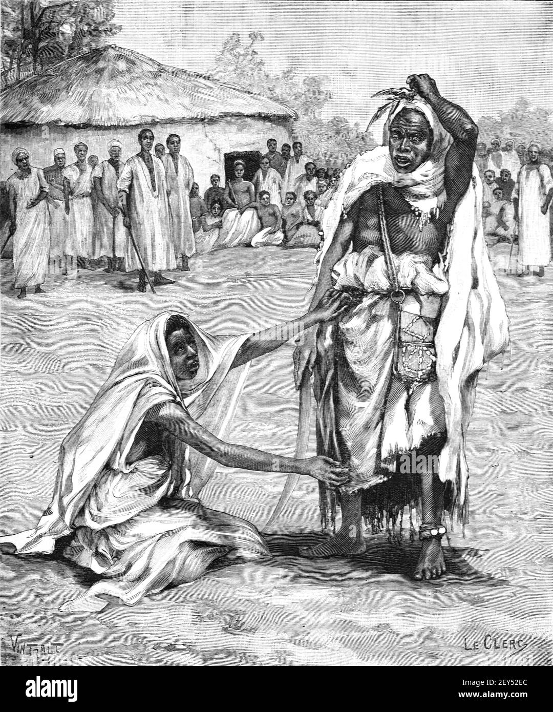 African Village Showing Respect to Village Witch Doctor or Medicine Man Senegal Africa 1896 Vintage Illustration or Old Engraving Stock Photo