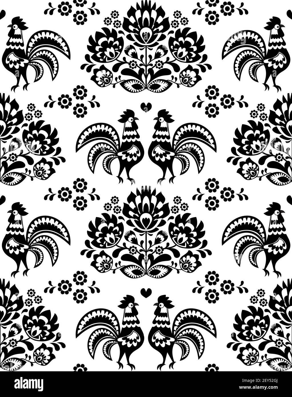 Seamless Polish folk art pattern with roosters and flowers Wzory