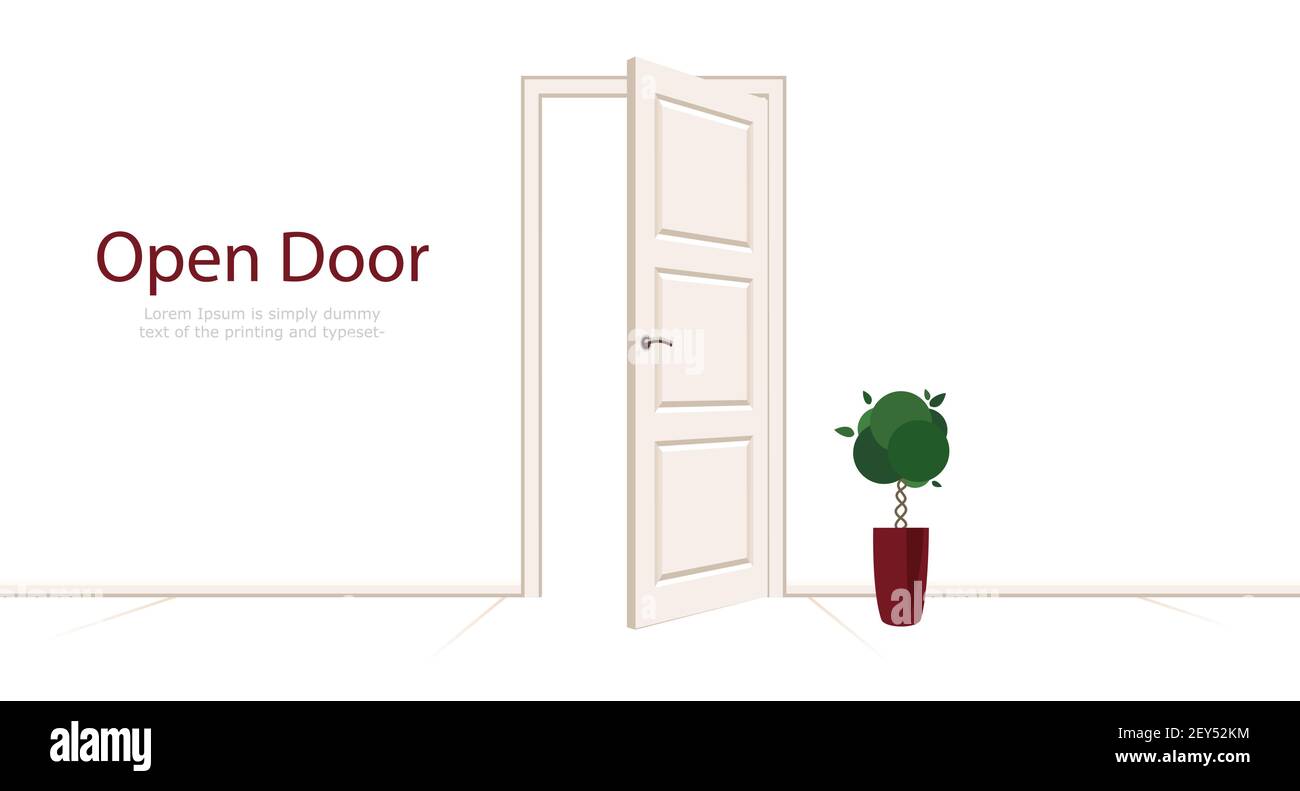 Concept an open door with realistic style on background white walls. Open white door inside the office, isolated with a potted tree. Vector illustrati Stock Vector