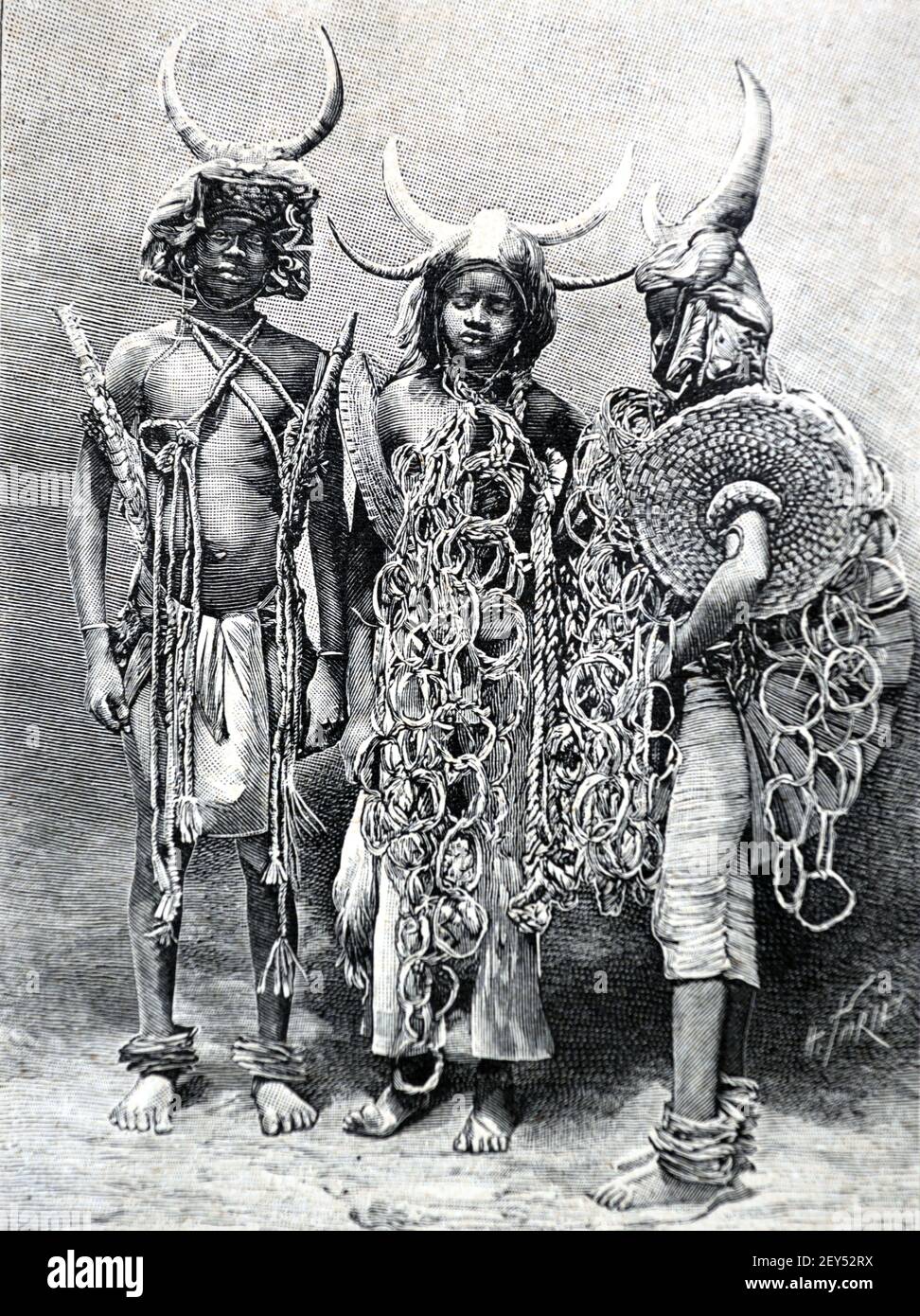 Papels or Papel People, aka as Moium, Papei, Oium, Pepel or Pelels, wearing Tribal Dress or Traditional Costumes. The Papel Jive in Parts of Senegal, Guinea Bissau and Guinea, West Africa 1896 Vintage Illustration or Old Engraving Stock Photo