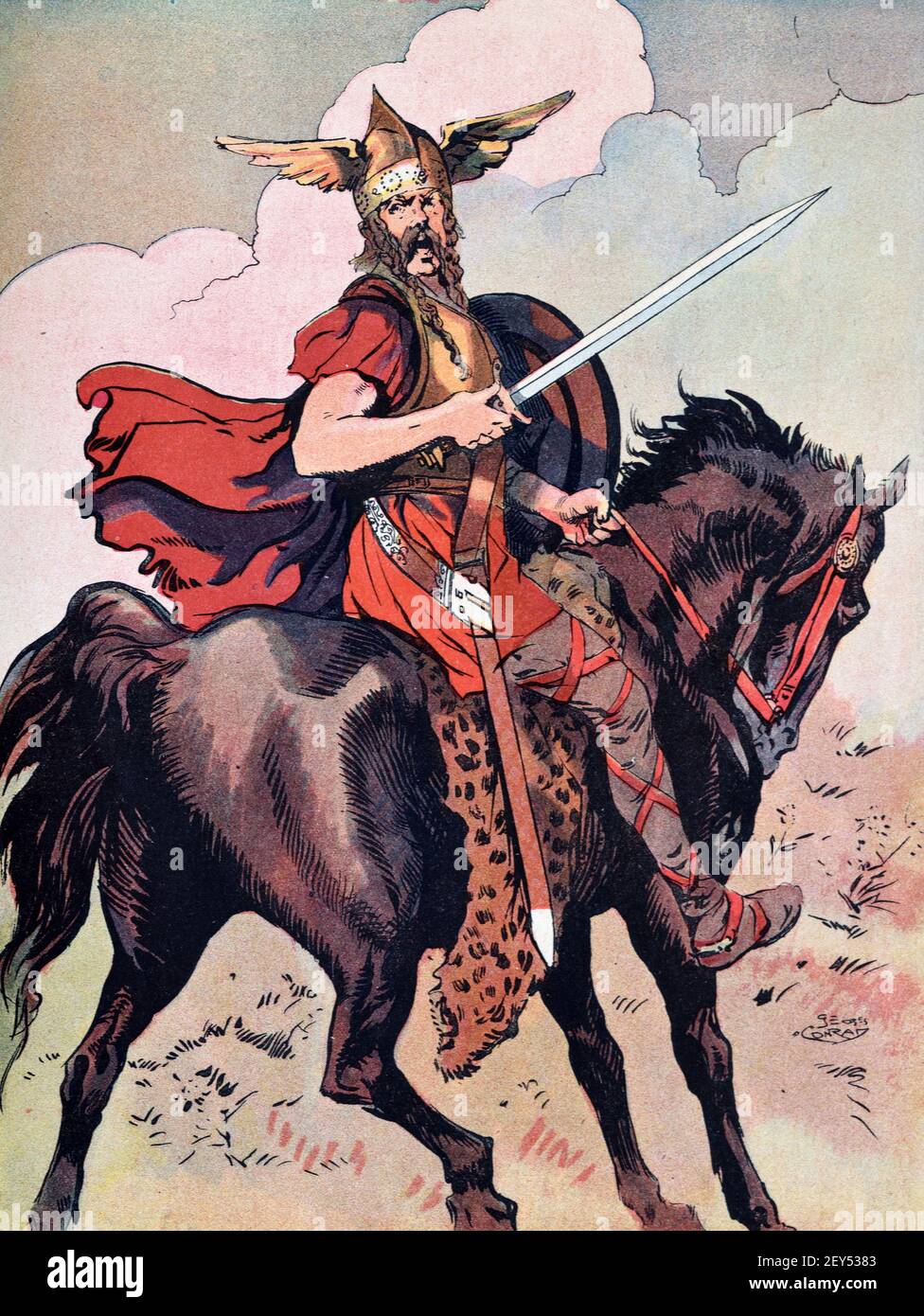 Vercingetorix (c82BC-46BC) Leader, King or Chieftain of the Gallic Arveni Tribe on Horseback & Dressed as a Gallic Warrior with Feathered Helmet, Sword & Shield, Ancient Gaul, now France. c1940 Vintage Illustration Stock Photo