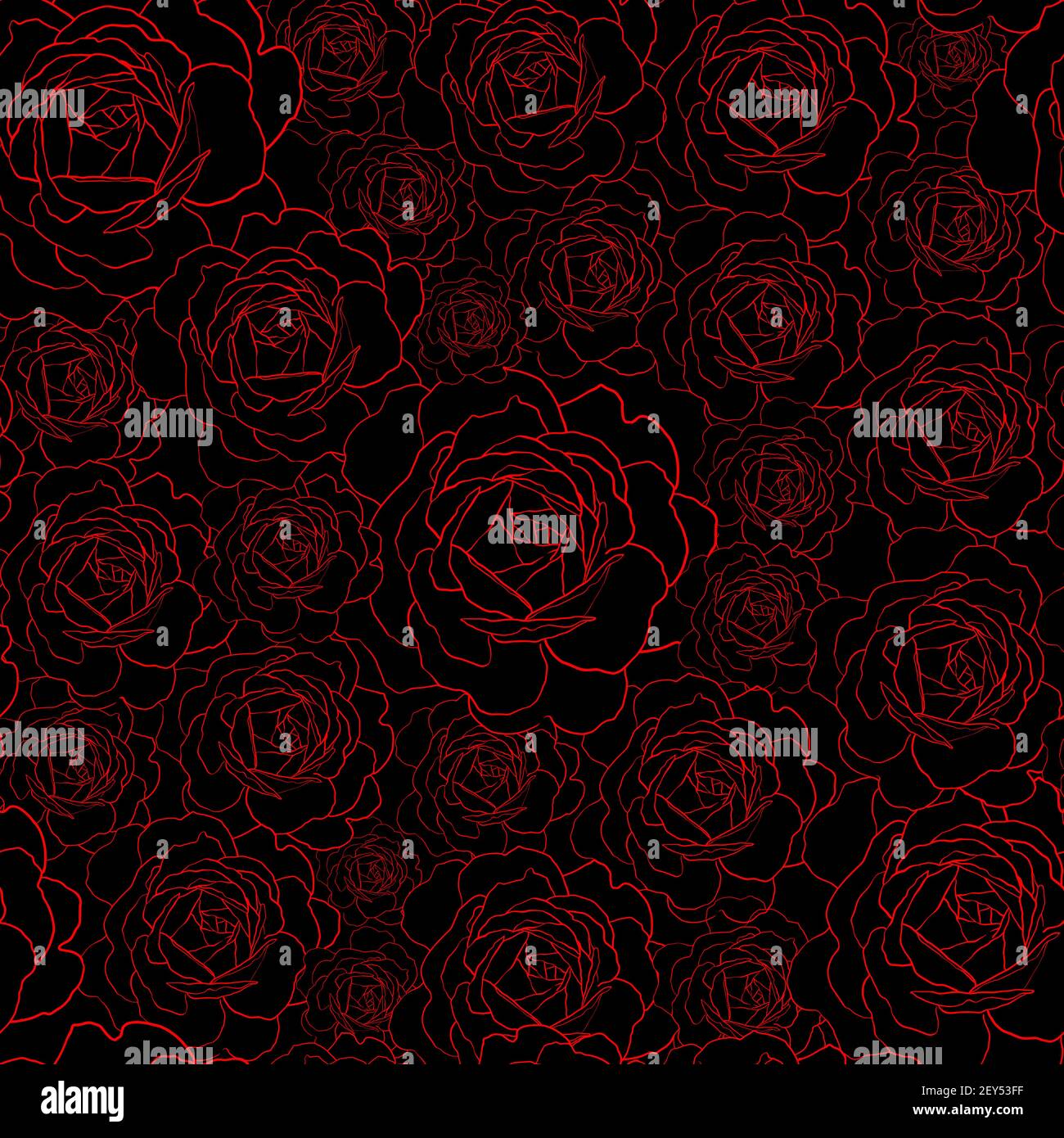 Vector seamless pattern with red rose flowers outline on the black ...