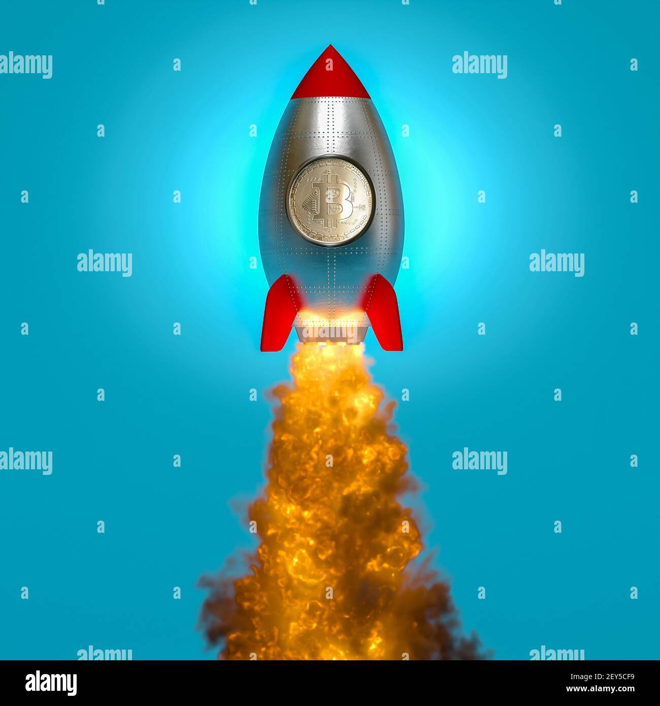 rocket taking off with the bitcoin symbol on the porthole. crypto currency  concept. 3d render Stock Photo - Alamy