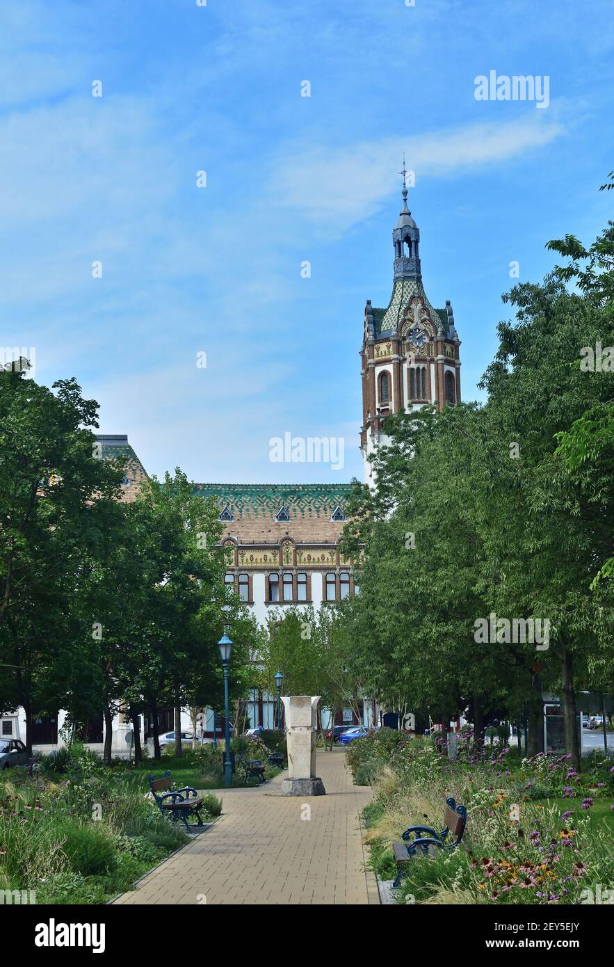 Iconic art nouveau Town Hall in Kiskunfelegyhaza, Hungary with park and trees Stock Photo