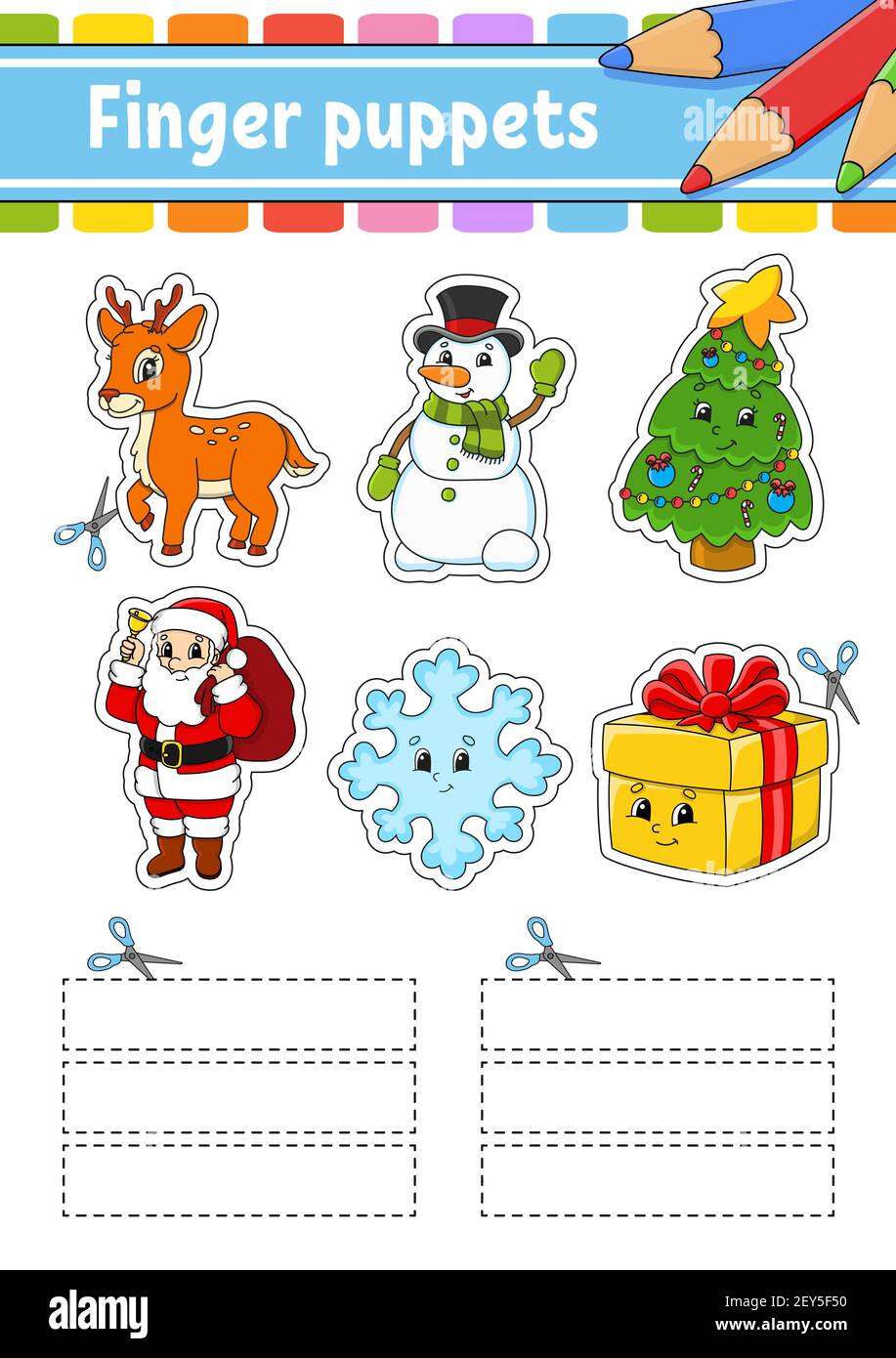 Finger puppets. Activity Game for kids. Christmas theme. Cute characters. Cartoon style. Christmas theme. Color vector illustration. Stock Vector