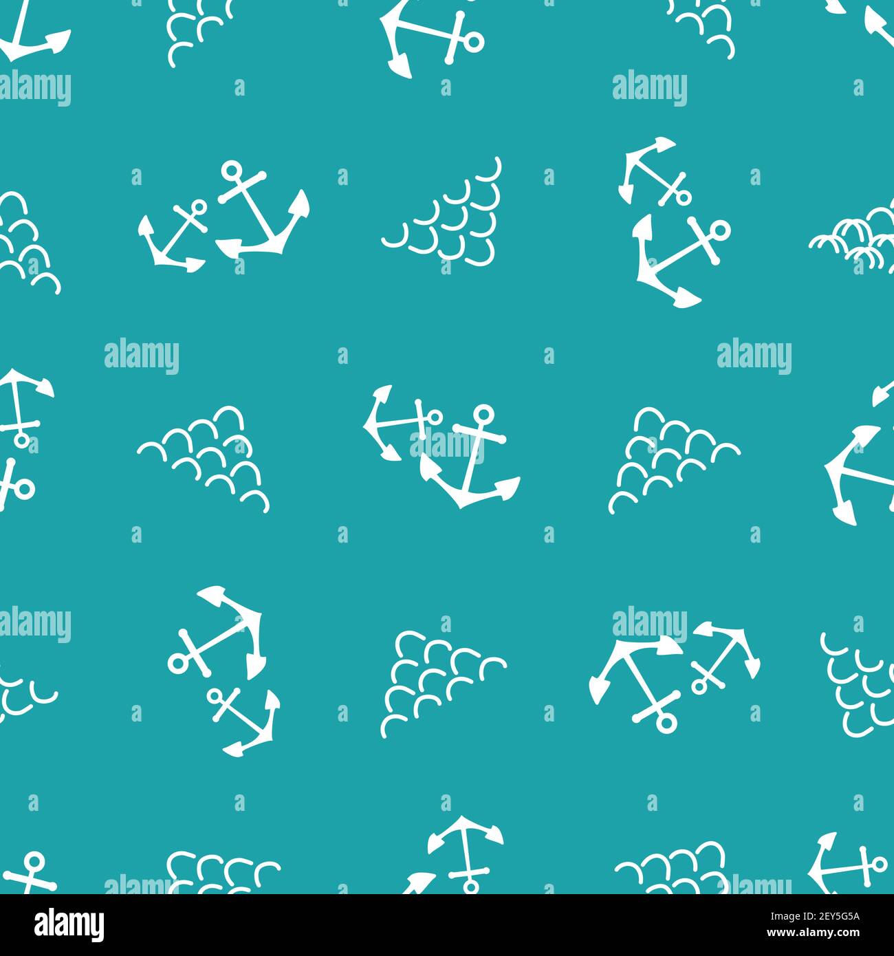 Anchors and abstract waves vector seamless pattern background. Scribbled wavy lines and boat tools aqua blue white backdrop. Duotone marine Stock Vector