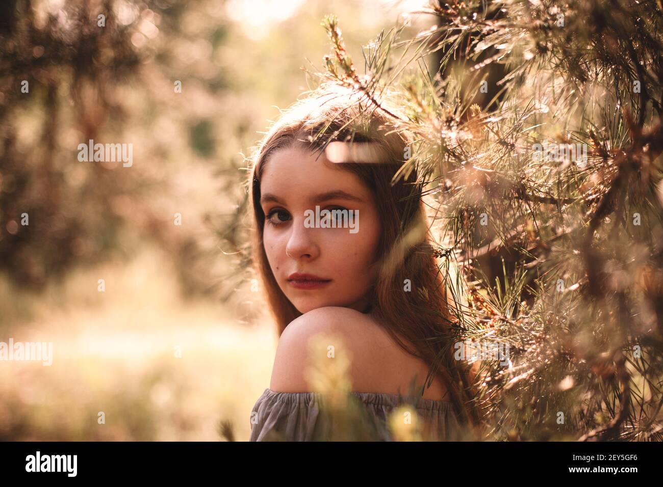 Portrait of teenage girl standing by pine tree in forest during summer Stock Photo