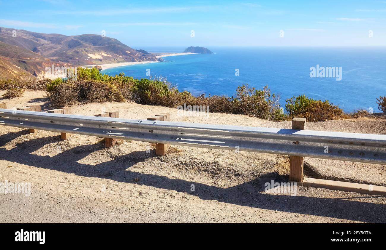 Traffic barrier along Pacific Coast Highway, selective focus, California, USA. Stock Photo