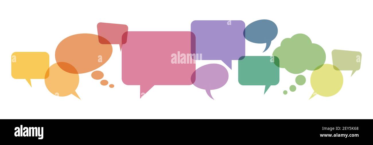 illustration of colored speech bubbles in a row with space for text symbolizing communication process Stock Vector