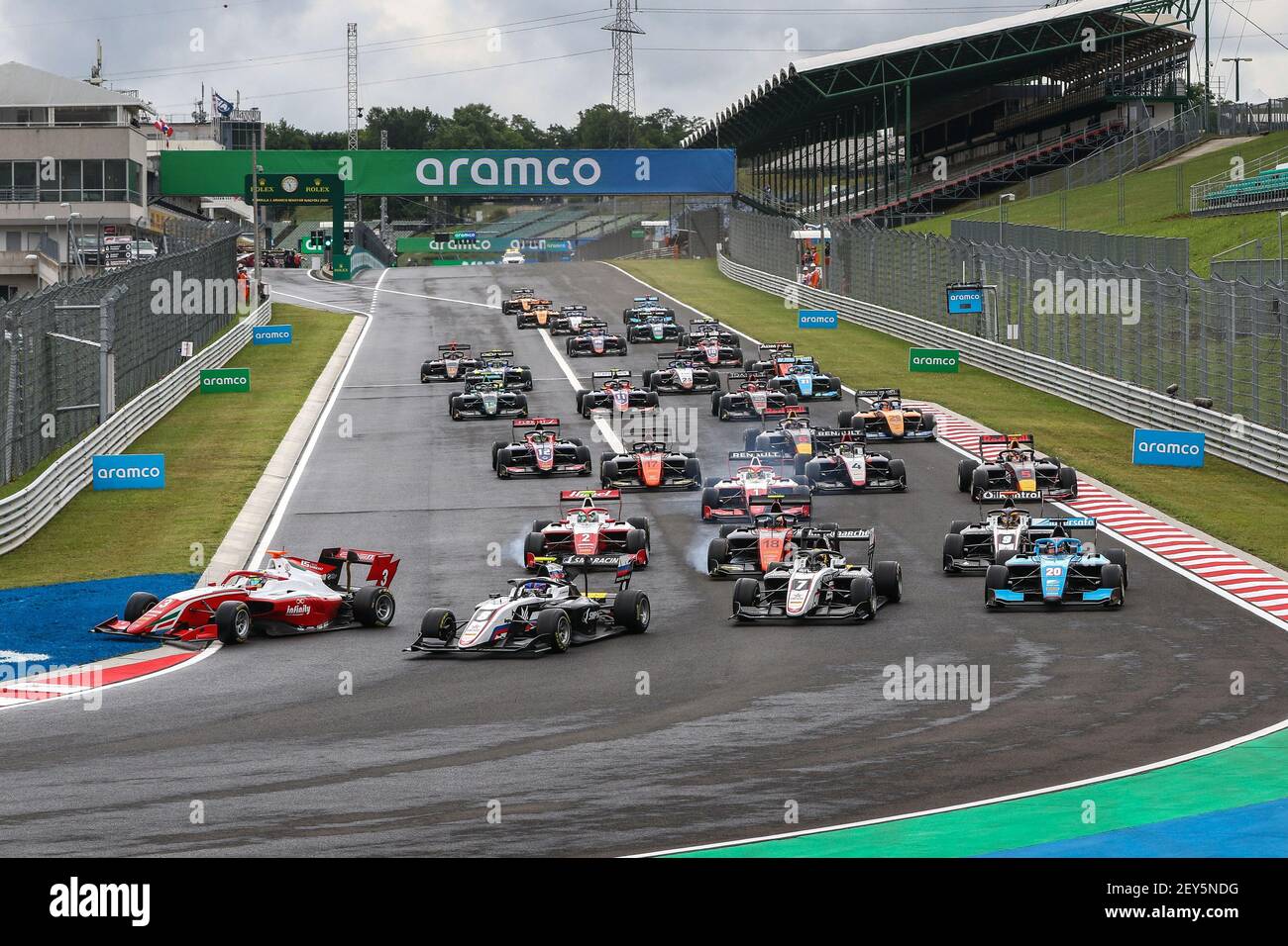Start of the race, crash between 03 Sargeant Logan (usa), Prema Racing, Dallara F3 2019, 08 Smolyar Alexander (rus), ART Grand Prix, Dallara F3 2019, 07 Pourchaire Theo (fra), ART Grand Prix, Dallara F3 2019, action during the 3rd round of the 2020 FIA Formula 3 Championship from July 17 to 19, 2020 on the Hungaroring, in Budapest, Hungary - Photo Diederik van der Laan / Dutch Photo Agency / DPPI Stock Photo