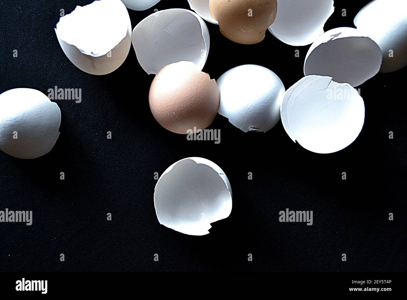 coloured eggshells on black background Stock Photo