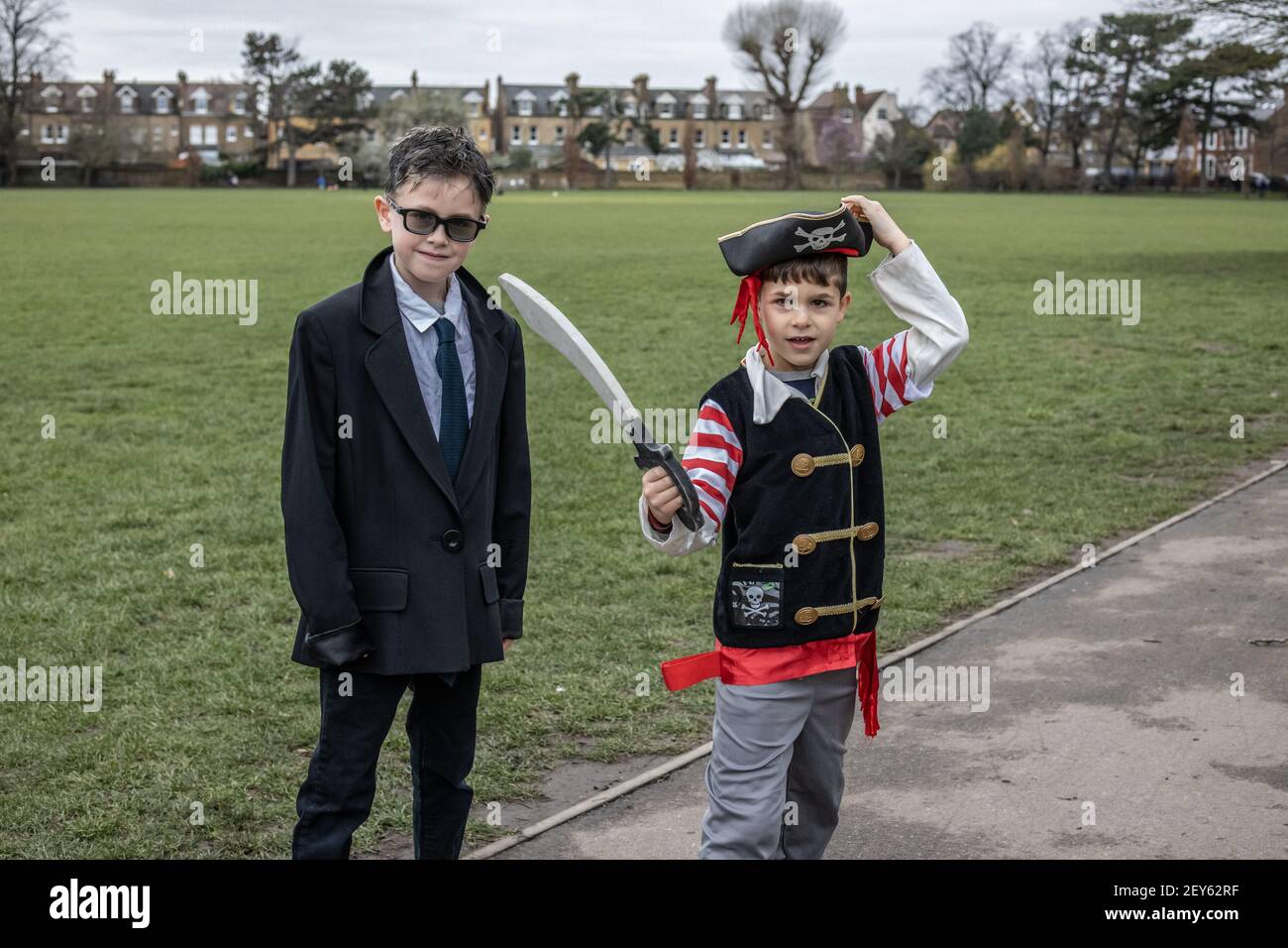 Primary school boys dressed in costume for World Book Day, London, England, UK Stock Photo