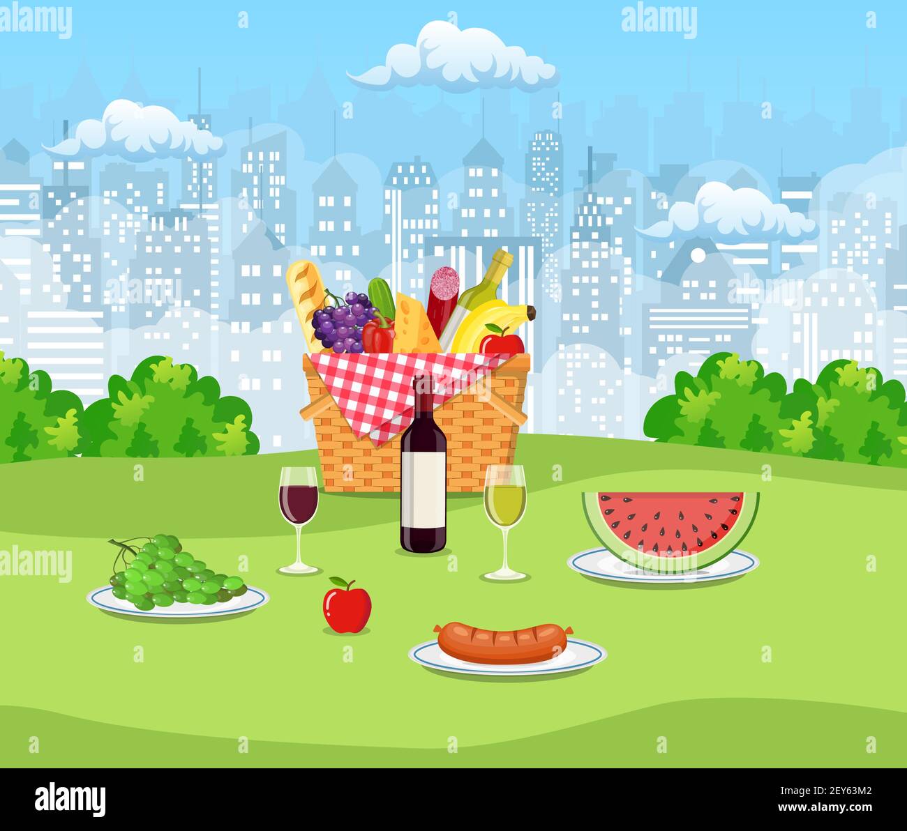 Summer picnic concept with basket, Stock Vector